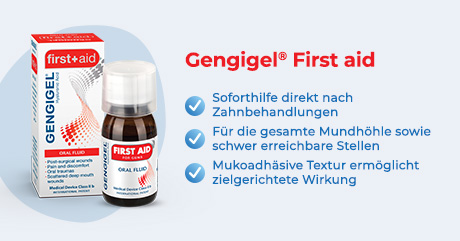 Gengigel First Aid, Mundspülung. Braune Flasche mit weißem Deckel und Packung daneben.